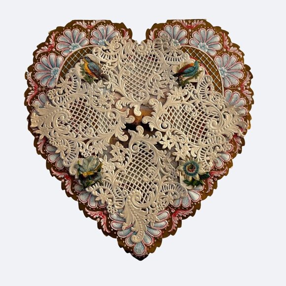 Antique Valentine Card Die-Cut Heart-Shaped Lace Embossed Birds Scene Victorian - Picture 1 of 6